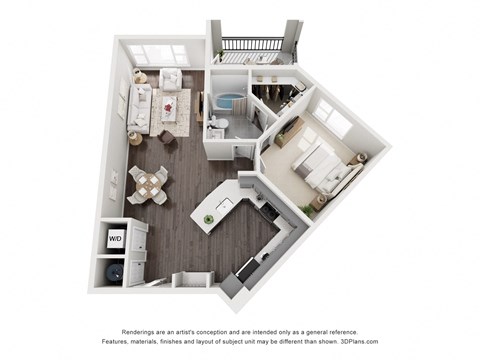 Floor plan for 1 bed, 1 bath, 874 sqft